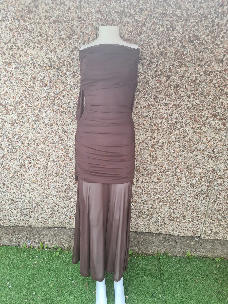 Chocolate Brown Y2K Mesh Maxi Dress | Size XS / Fits S | NWOT | Off‑Shoulder Ruched