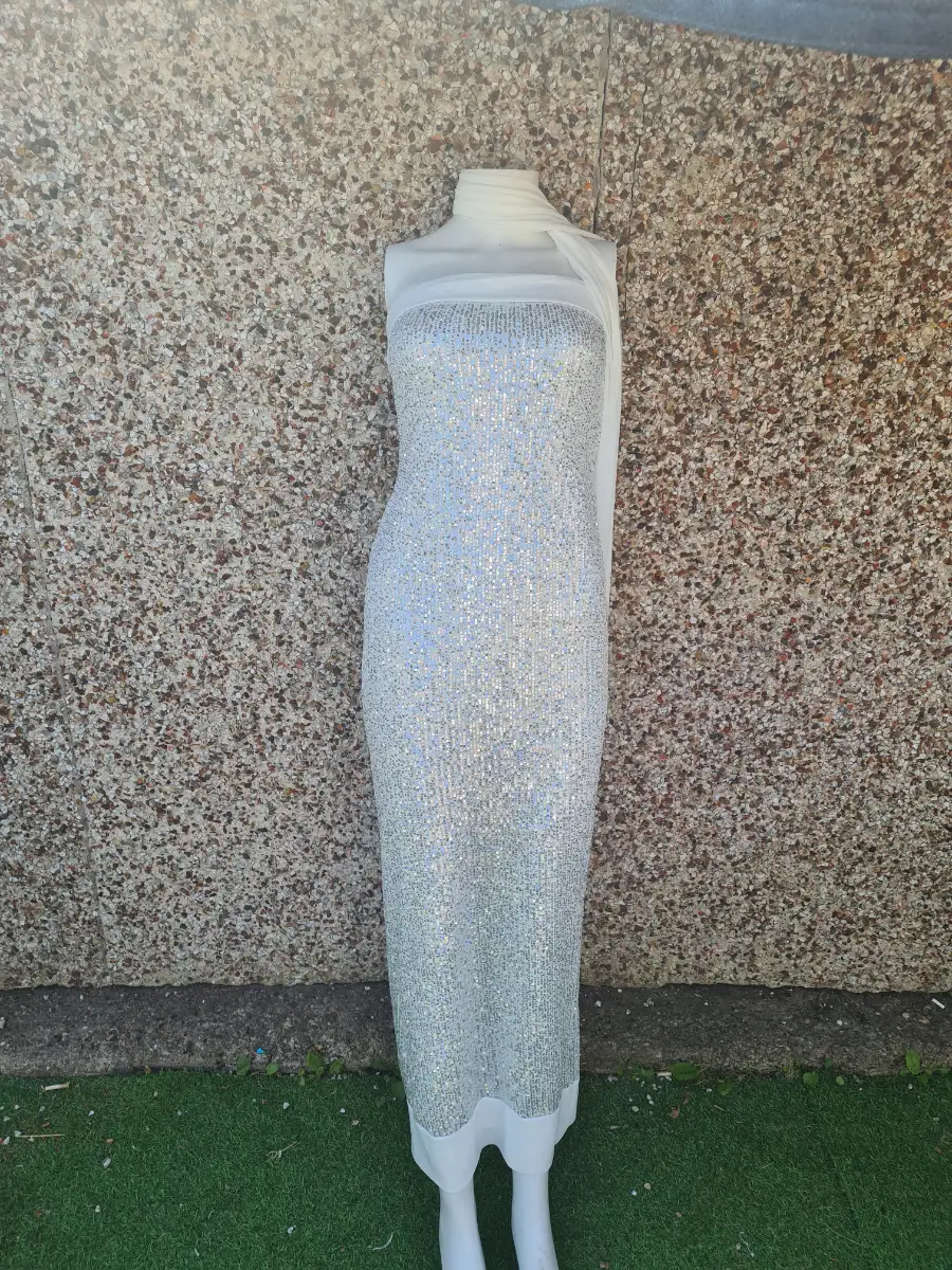 White Holographic Sequin Bodycon Dress + Matching Scarf Size S NWOT Party Evening Set