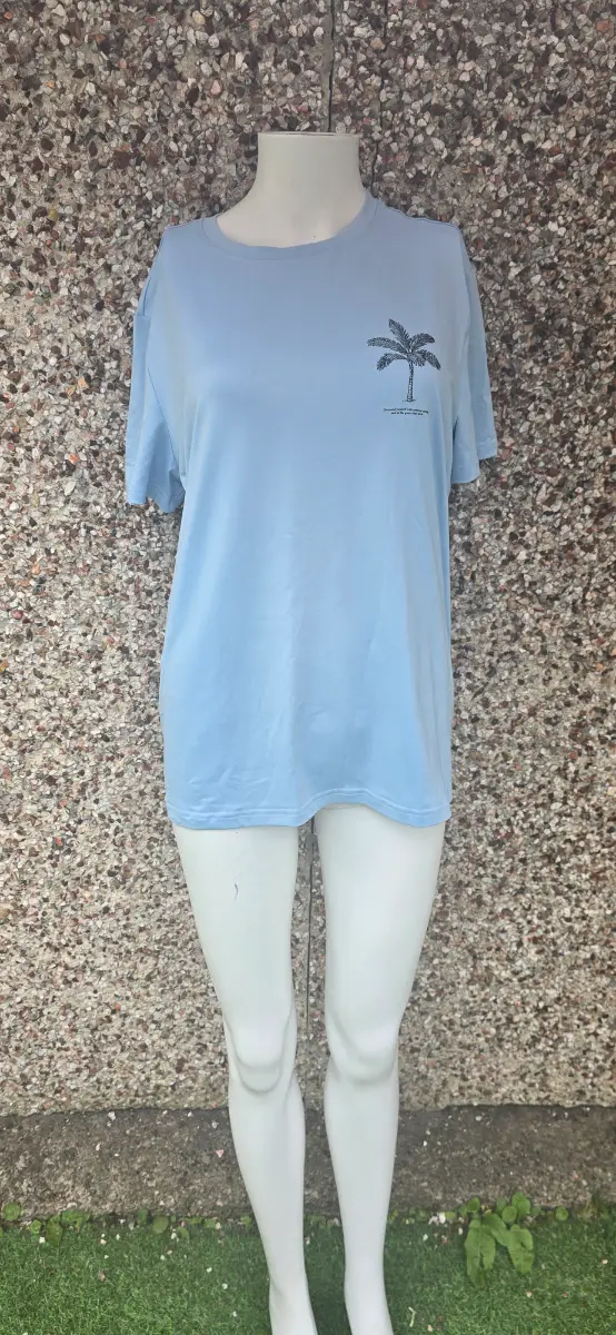 NWOT Size L Dusty Blue Aloha Palm Tree T‑Shirt Oversized Good Vibes Casual Tee