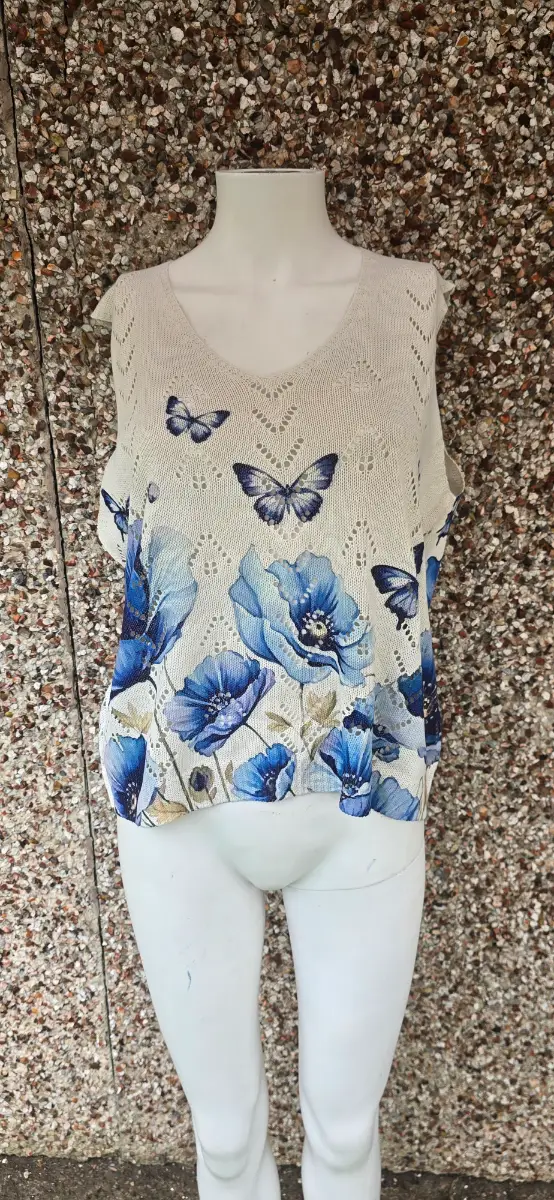 NWOT XXL Vintage Style Cream Knit Vest Blue Floral Butterfly Print Sleeveless Top