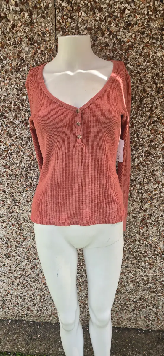 Velvet by Graham & Spencer Hilary Waffle Henley Top S Cedar BNWT