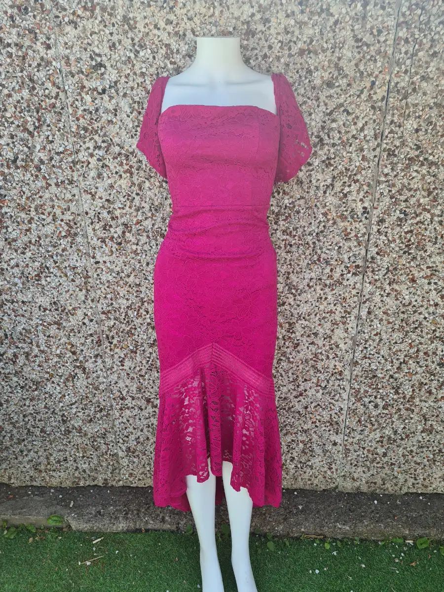 Iska Fuchsia Lace Midi Dress UK 12 BNWT Off Shoulder Flare Sleeve High Low Hem Occasion