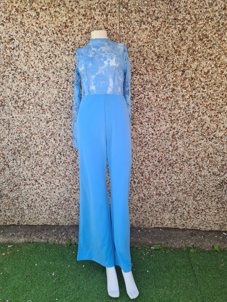 NWOT Sky Blue Lace High Neck Jumpsuit Size M UK 10‑12 Long Sleeve Wide Leg Occasion