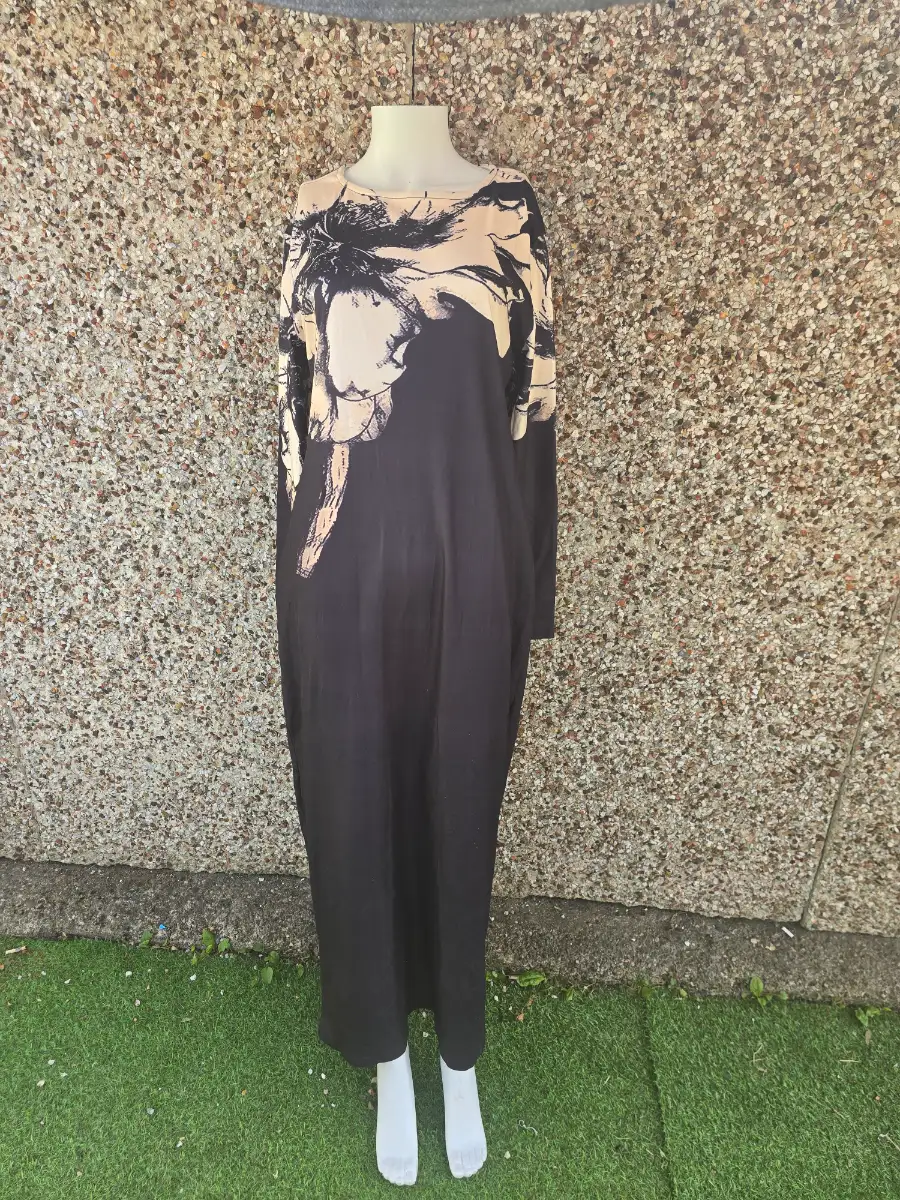 Boat Neck Floral Print Bodycon Maxi Dress Uoozee Black Beige Size XL BNWT RRP £34