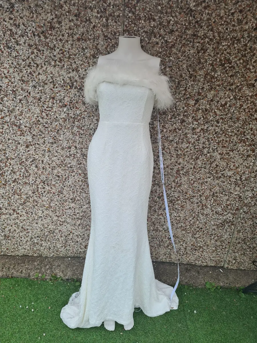 Club L London Idyll White Lace Bardot Feather Fishtail Maxi Dress | Bridal Glam UK 6