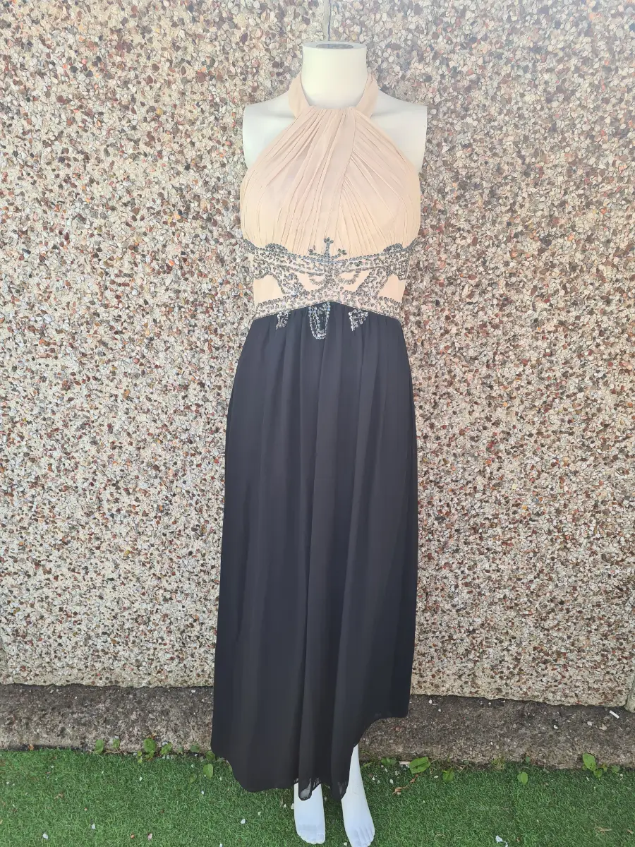 Little Mistress London Beaded Halter Neck Maxi Dress UK 10 NWOT Champagne Black Occasion