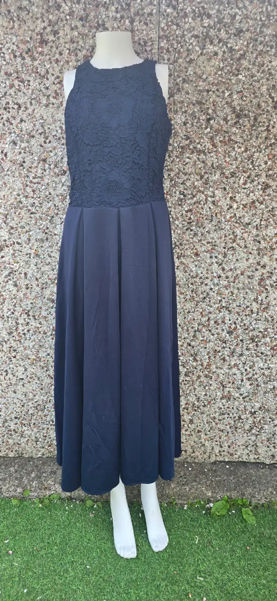 AX Paris Navy Embroidered Overlay A-Line Midi Dress UK12 BNWT RRP £65