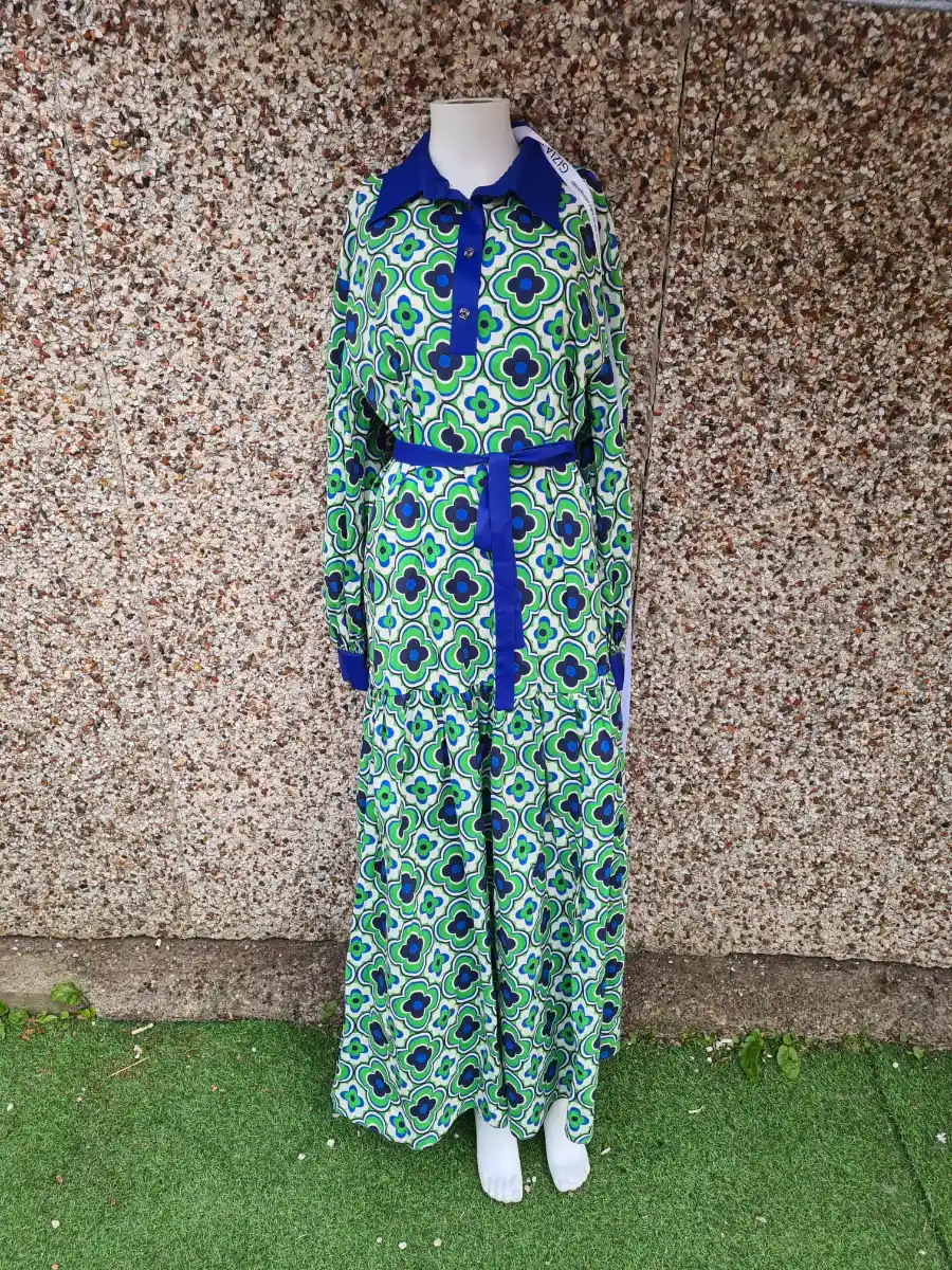 KIWE by GIZIA Green Retro Geo Maxi Dress | Tiered Button Front Belted 70s Style EU 42