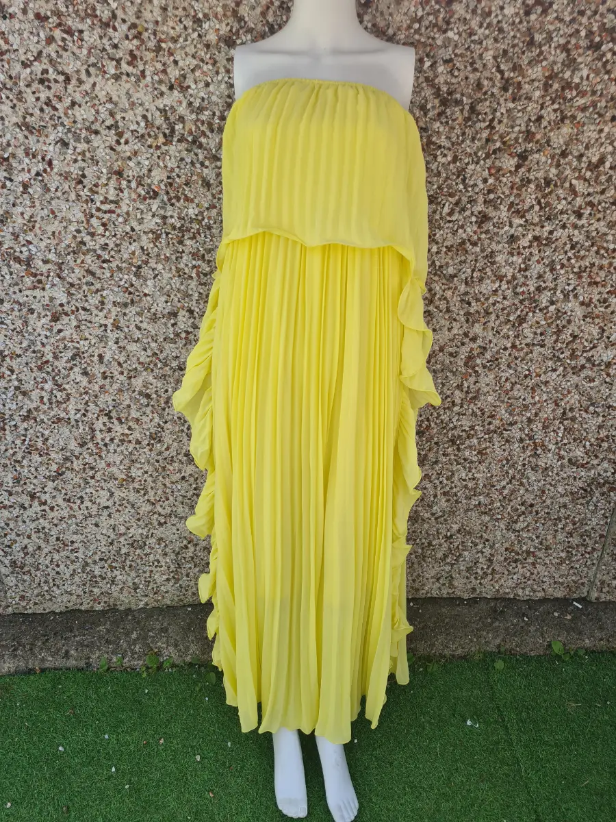 NWOT Bright Yellow Strapless Pleated Maxi Dress Size M UK 10‑12 Ruffle Occasion Holiday