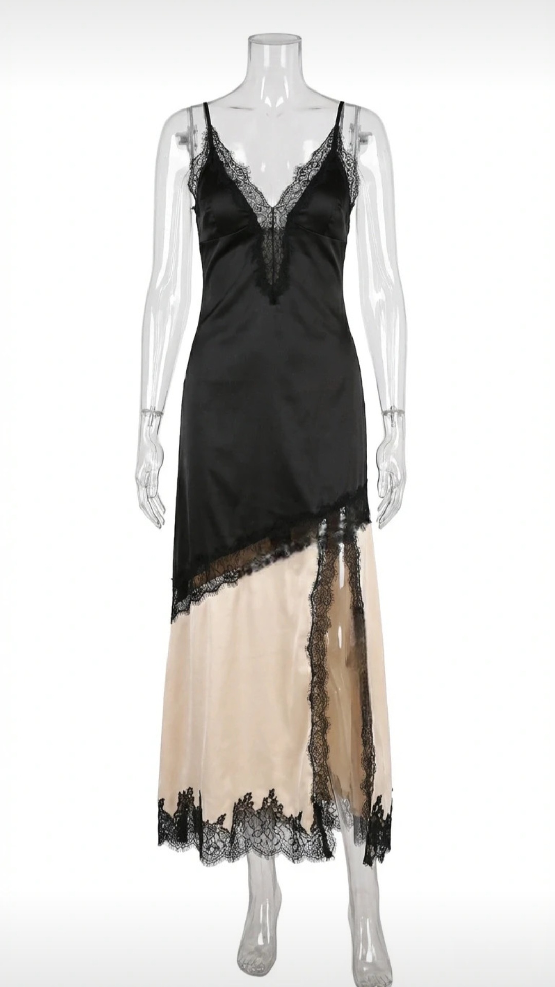 Catchall Dolly Black Beige Contrast Satin Lace Midi Dress | Size L | RRP £66 | NWT + Belt