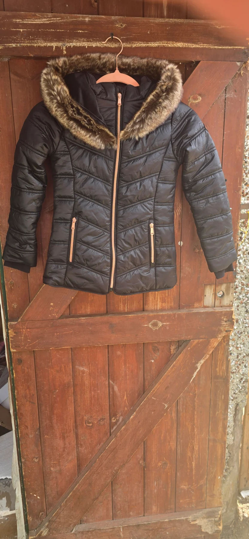 BNWT Firetrap Kids Puffer Jacket 7-8Y Black Fur Hood Rose Gold Zips RRP£43