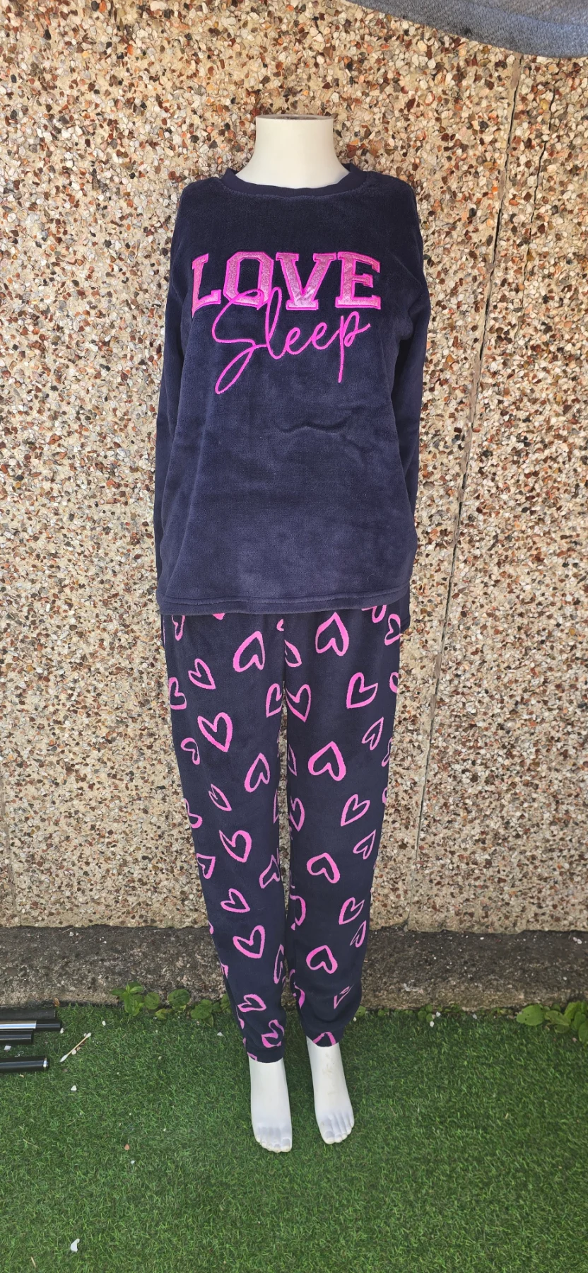 BNWT Linea Women’s Fleece Pyjama Set UK8-10 S Navy Pink Hearts RRP£39.99