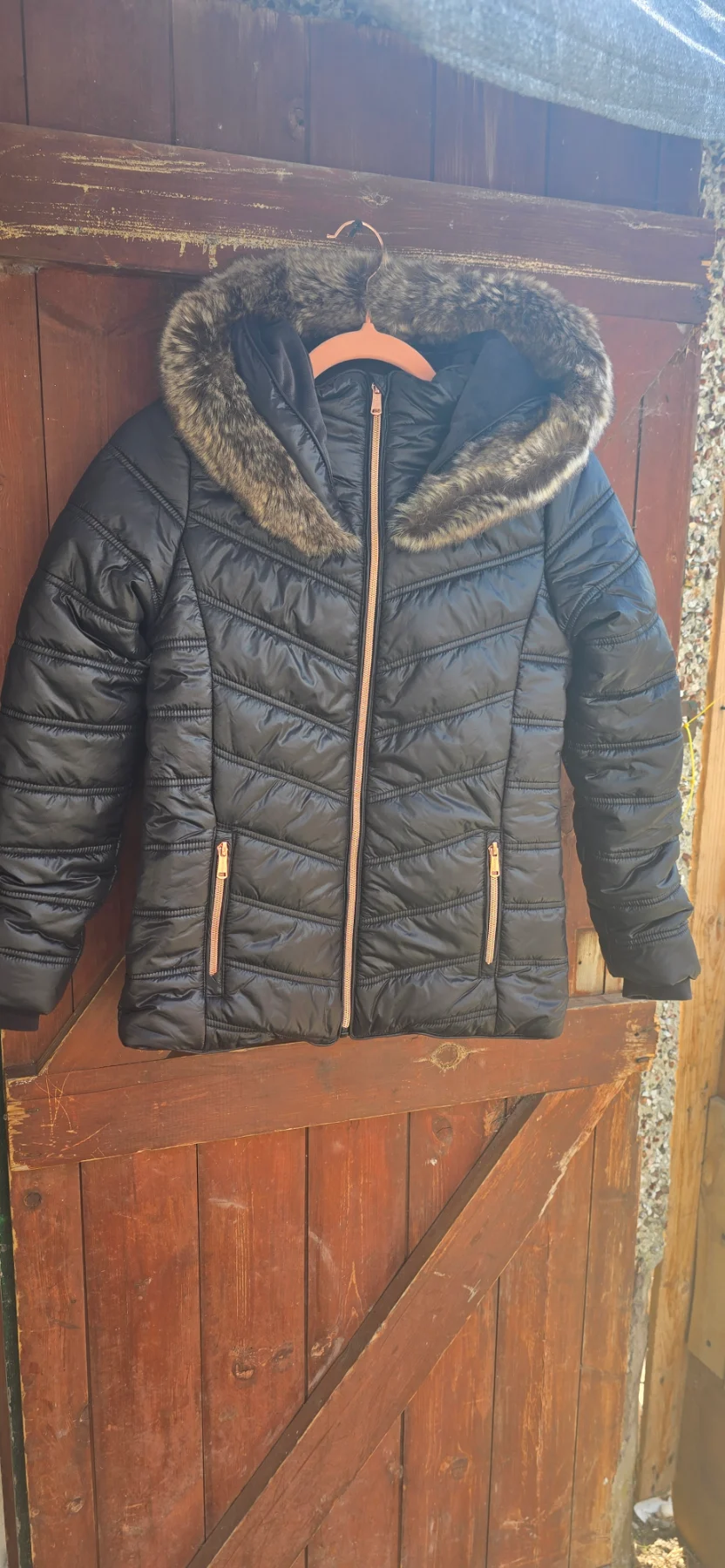 BNWT Firetrap Kids Puffer Jacket 11-12Y Black Fur Hood Rose Gold Zips RRP£43