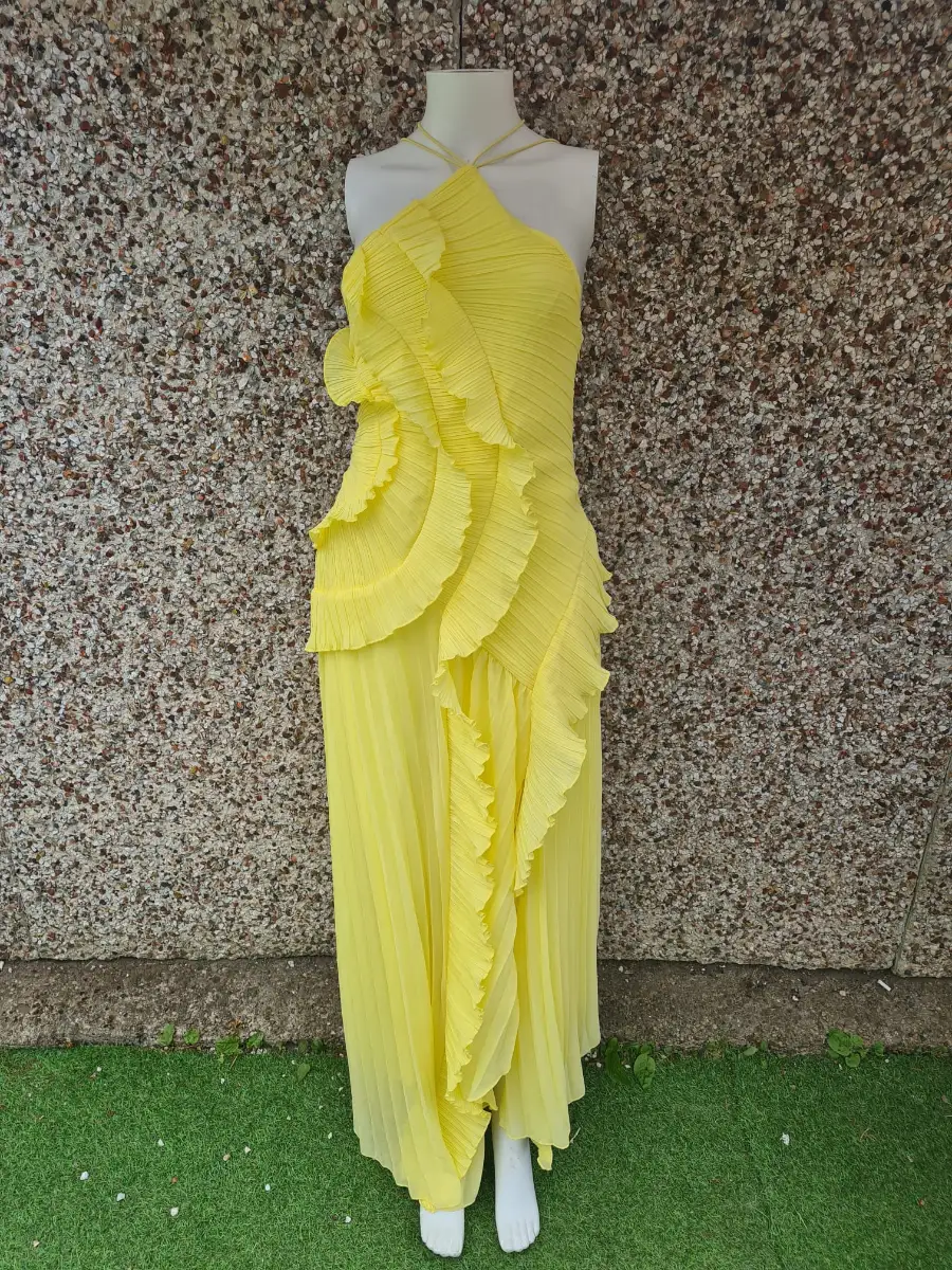 Pleated Ruffle Halter Maxi Dress Bright Yellow Size XS NWOT