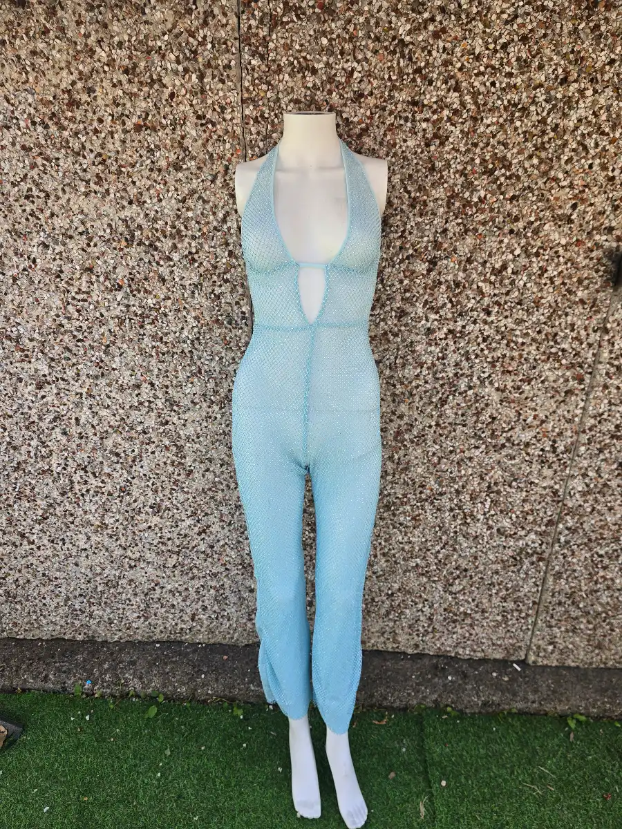 Oh Polly Ramona Aqua Rhinestone Flared Jumpsuit Size 6 Petite BNWT True To size