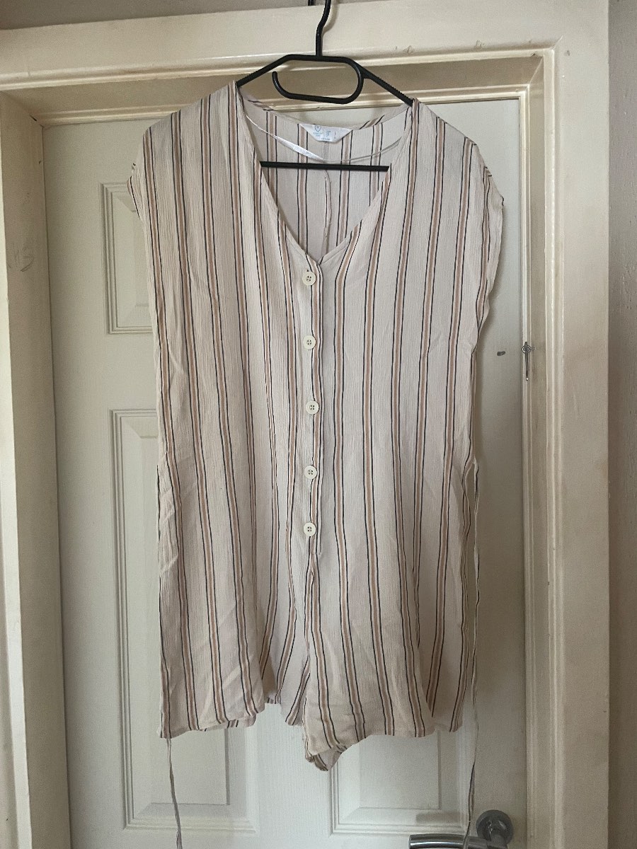 Primark Cares Striped Blouse Size 8 Cream Neutral Linen Look Button Down Top