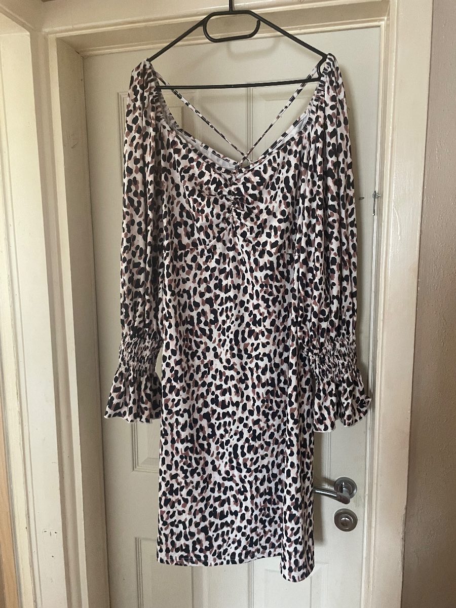 SHEIN Curve 2XL Leopard Print Mini Dress Cutout Back Ruched Bust Long Sleeve
