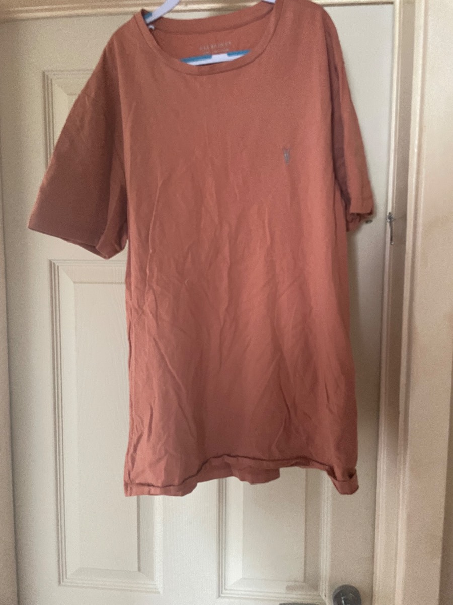 AllSaints Men’s Tonic Crew T-Shirt Dusty Terracotta Pink Ramskull Logo Size Small