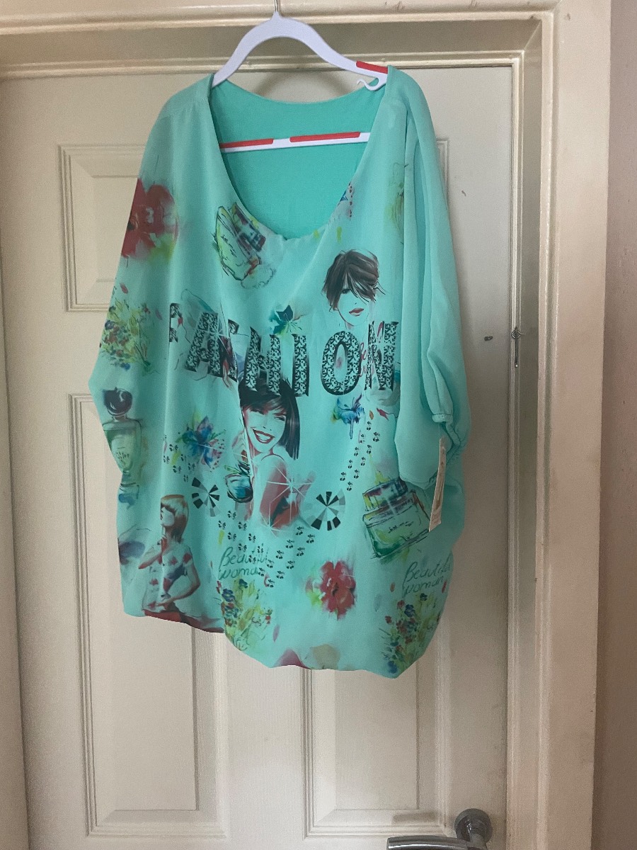 Creative Made In Italy Chiffon Poncho Top Aqua Mint Graphic Fashion Print