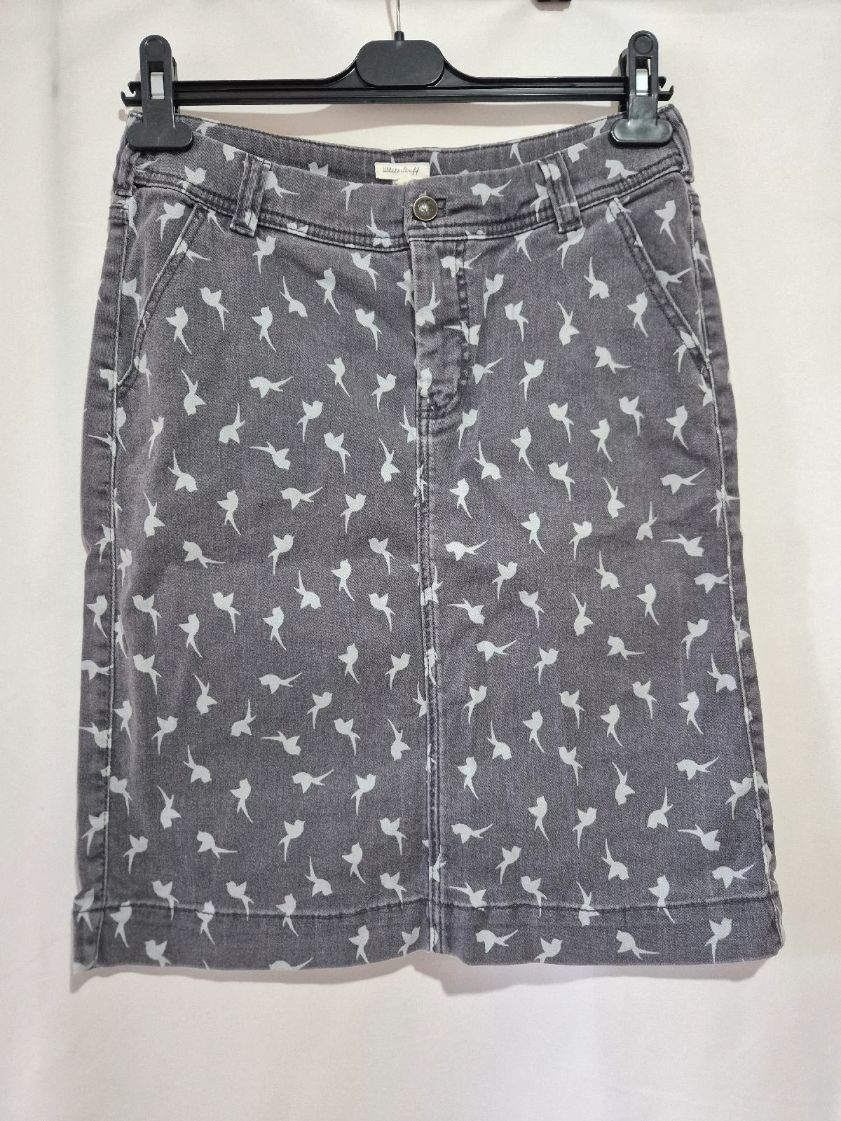 White Stuff Grey Denim Skirt Womens Size 8 Hummingbird Bird Print A Line Casual