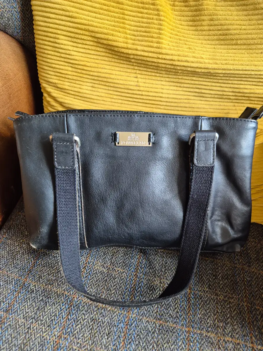 Rowallan Scotland Womens Black Leather Handbag Shoulder Bag Multi Pocket Canvas Strap