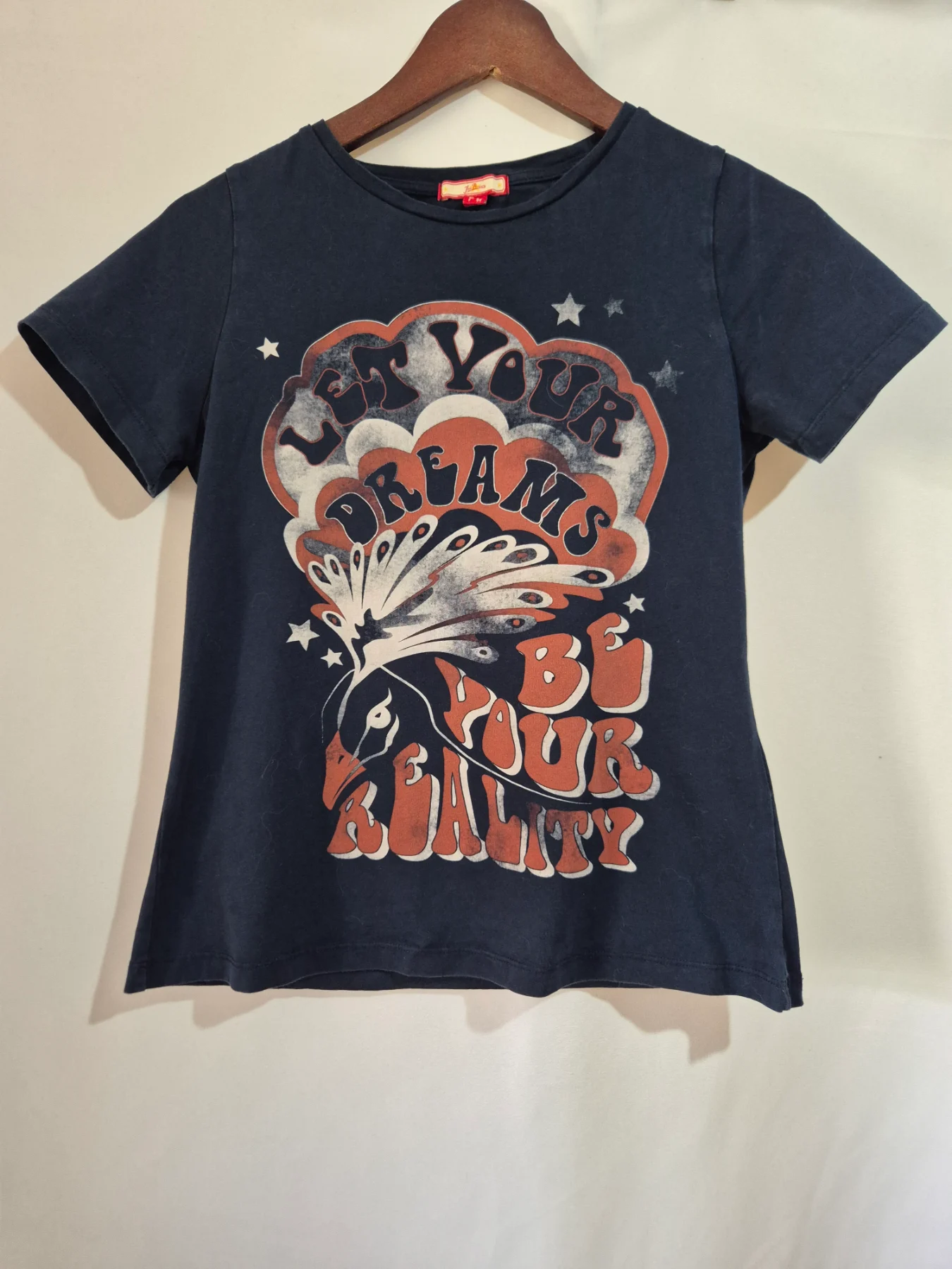 Joe Browns Navy Blue Let Your Dreams Be Your Reality T-Shirt Top size 8 Peacock Boho