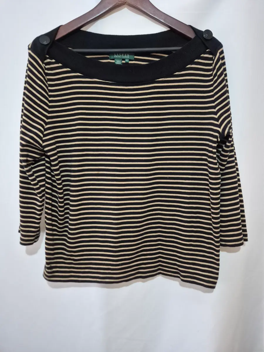 Lauren Ralph Lauren Black Beige Striped Jumper Sweater Womens XL 16 3/4 Sleeve