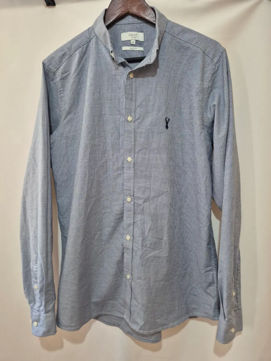Next Blue White Dogtooth Shirt Mens size M Medium Button Down Long Sleeve Slim Fit Stag Logo