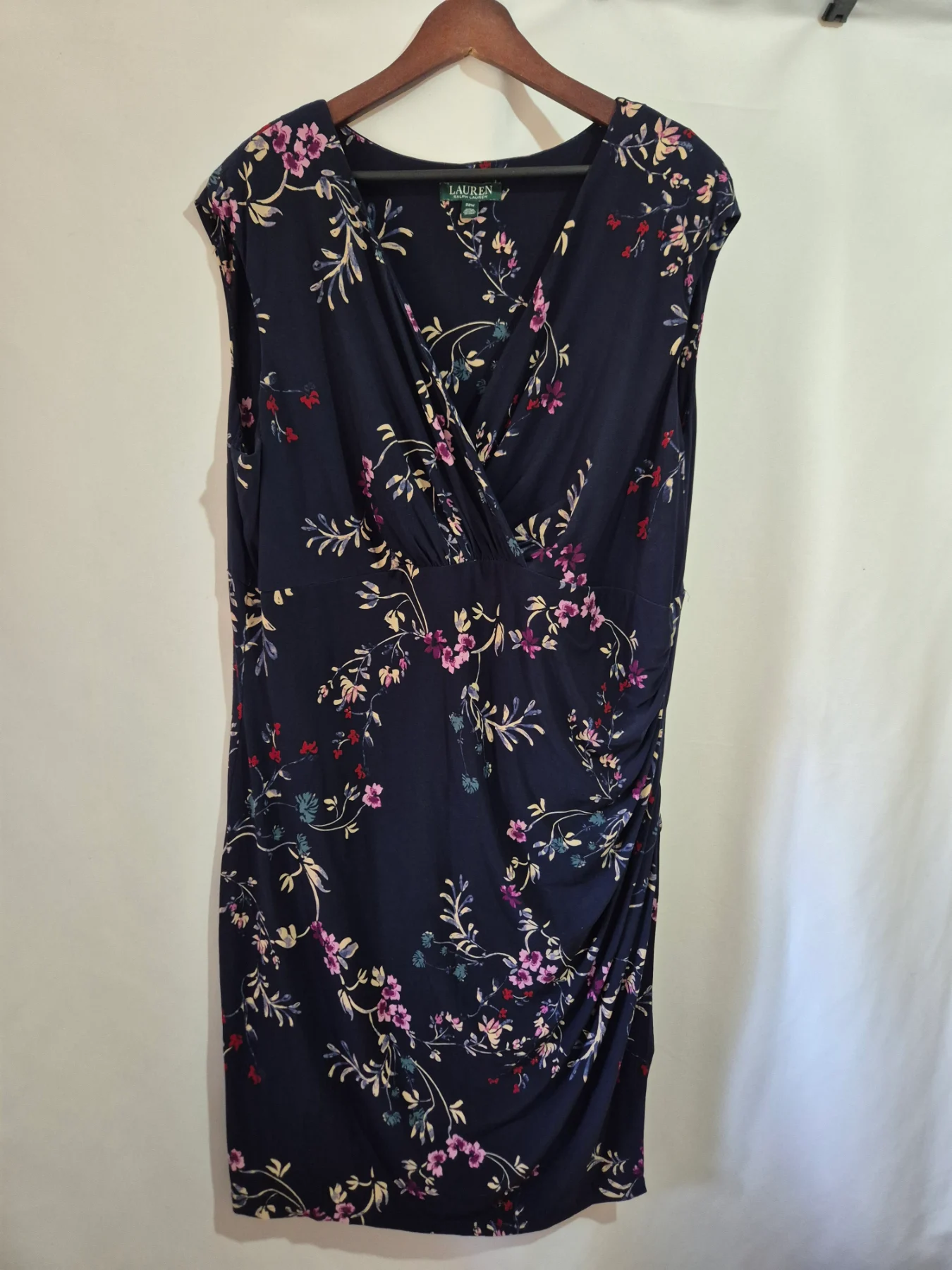 Lauren Ralph Lauren Navy Blue Floral Dress Size 22 Faux Wrap Ruched Jersey Midi