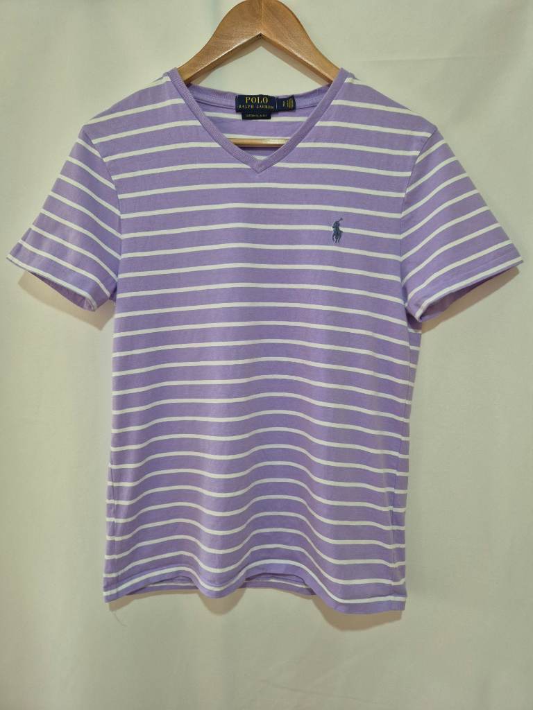 Polo Ralph Lauren V-Neck T-shirt Top size S Small 10 Lilac Striped Spring Summer