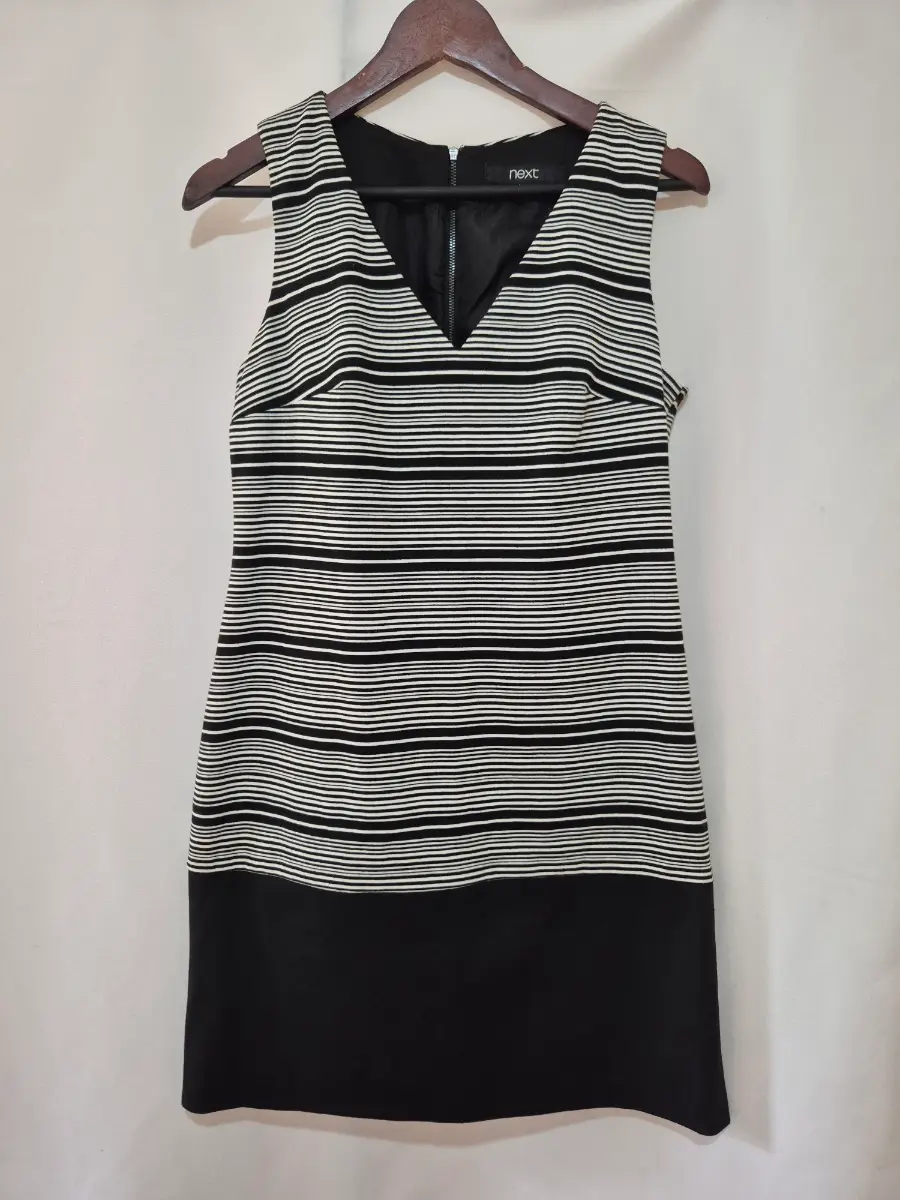 Women's Next Sleeveless Dress size 12 Black Stripe V-Neck Smart Work Pencil Bodycon