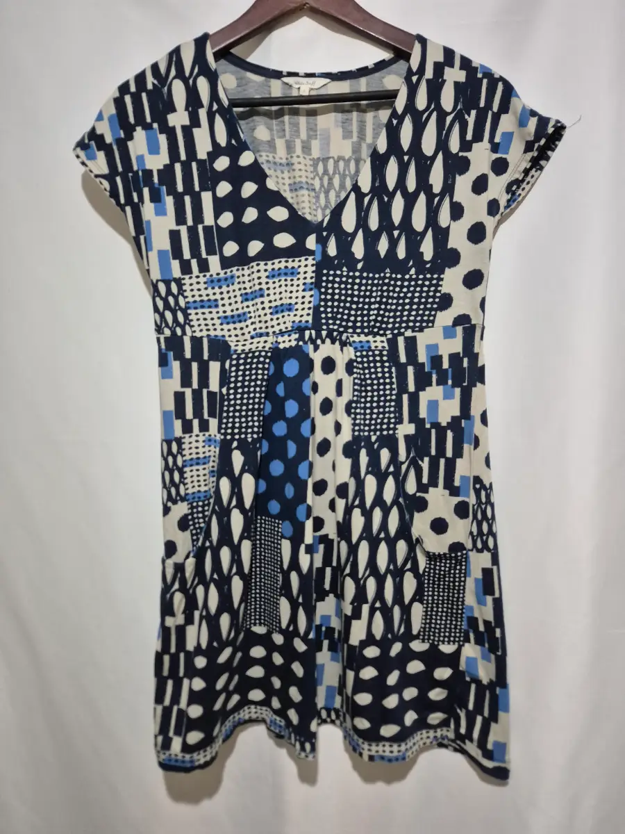White Stuff Tunic Dress Size 8 Navy Blue White Geometric Polka Dot Abstract Print V Neck