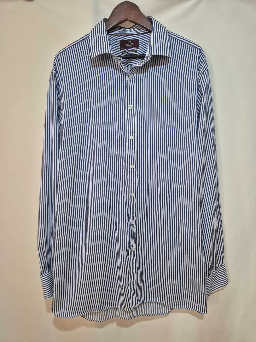 M&S Marks Spencer Blue Striped Two Fold Cotton Shirt Mens 17.5 Collar Chest 48