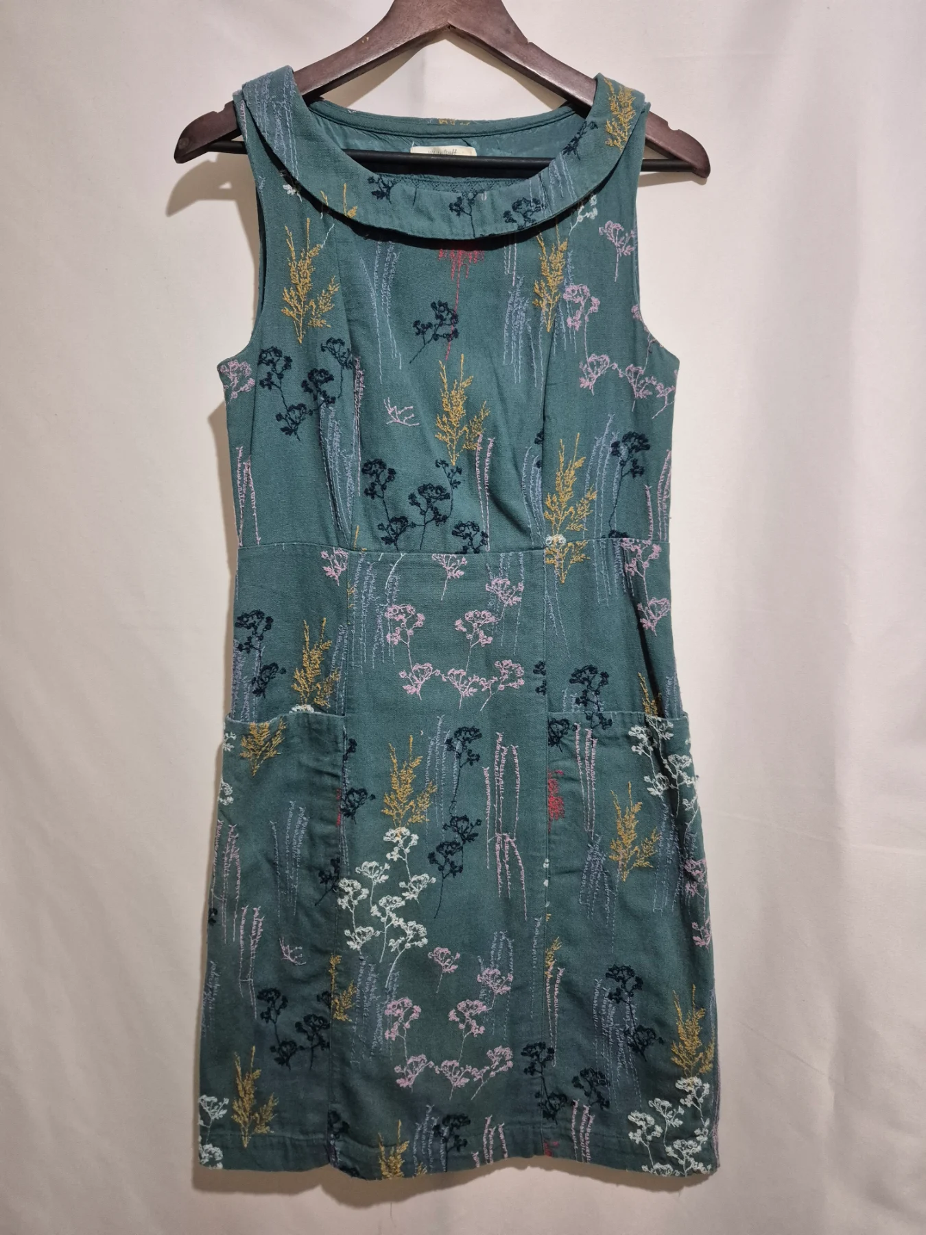 White Stuff Teal Green Embroidered Floral Shift Dress Size 10 Sleeveless Pockets