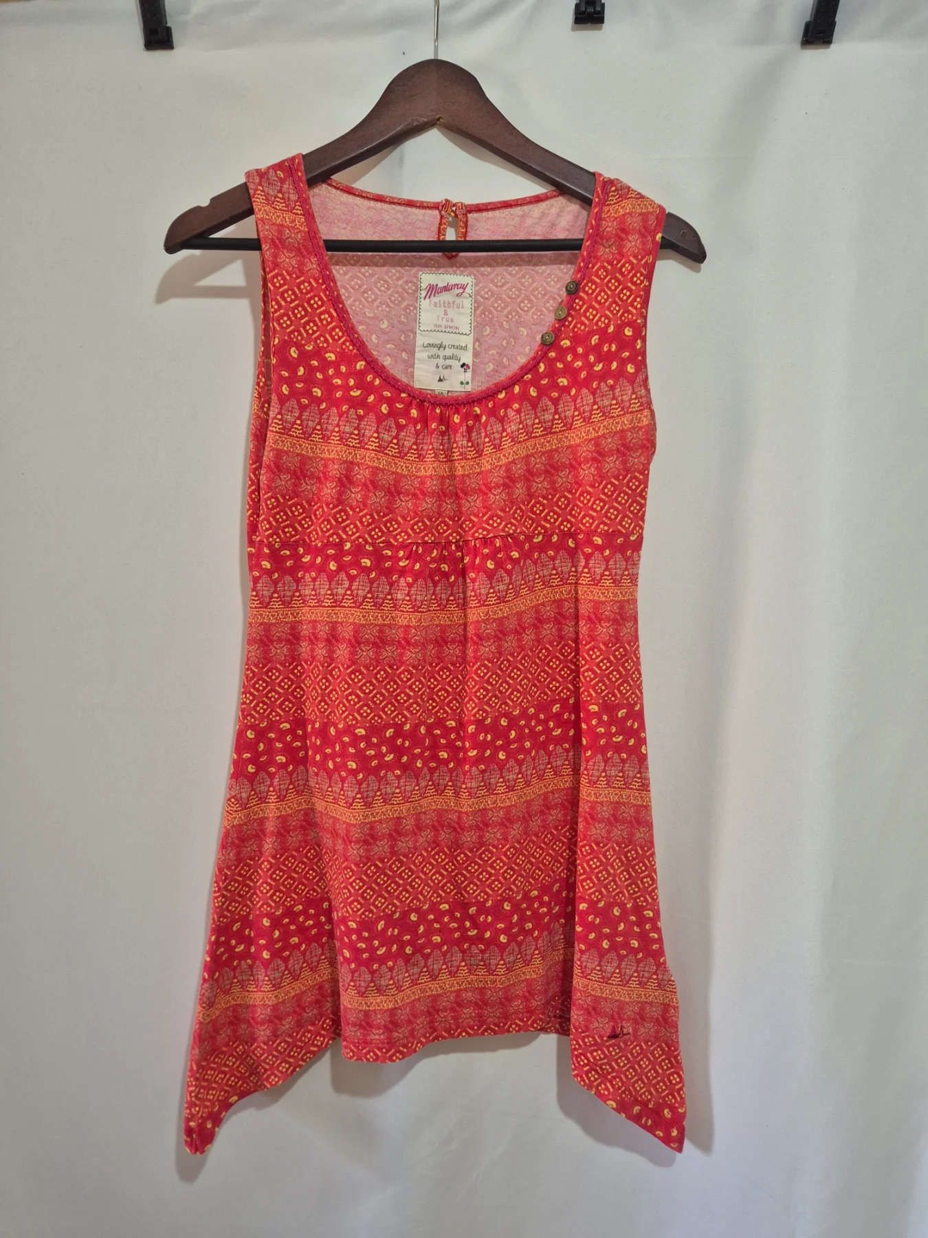 Mantaray Tunic Top Size 10 Pink Orange Boho Geometric Print Hankie Hem Summer