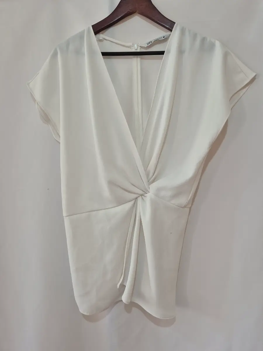 Women's Zara V-Neck Short Sleeve Blouse Top size 14 White Back Zip Fastening