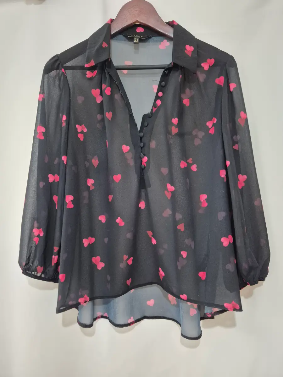 Lipsy London 3/4 Sleeve Blouse 14 Black See-through Hearts Print Spring Summer