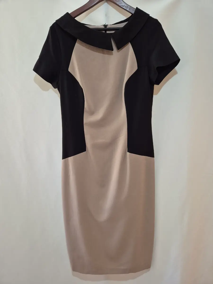 Savoir Black Beige Dress Womens Size 12 Short Sleeve Pencil Smart Office Workwear