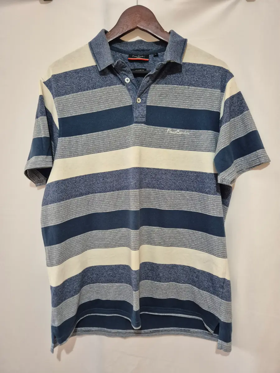 Men's Pierre Cardin Short Sleeve Polo Shirt size L Large chest 44 Blue Stripe Smart Casual