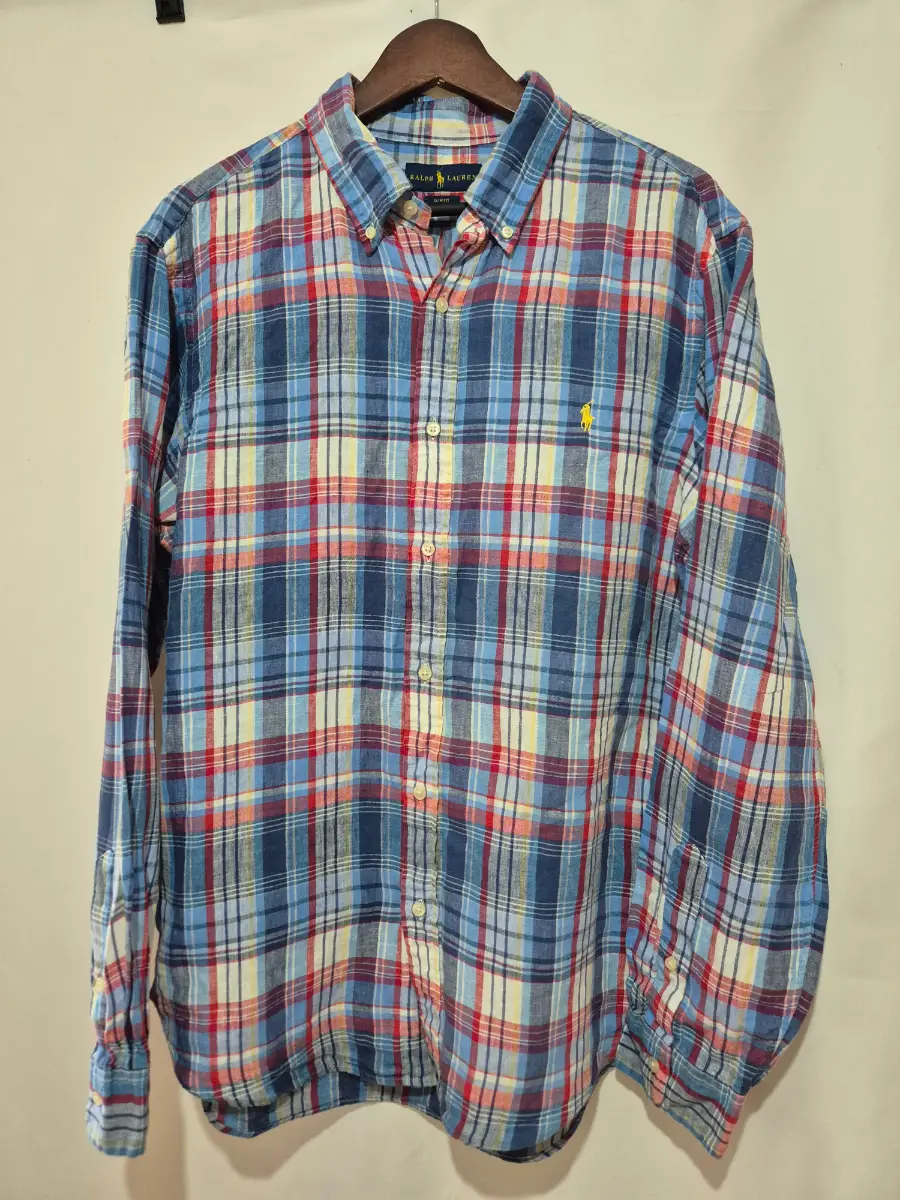 Polo Ralph Lauren Mens Shirt XL 100% Linen Blue Red Checked Plaid Long Sleeve Slim Fit