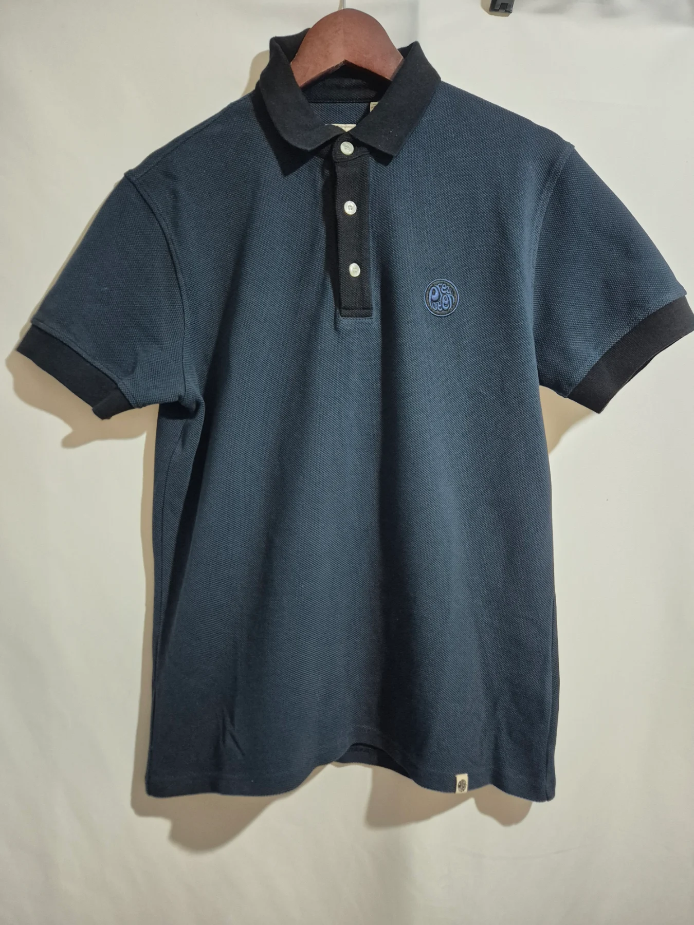 Pretty Green Navy Blue Polo Shirt Mens Size M Black Contrast Collar Pique Top