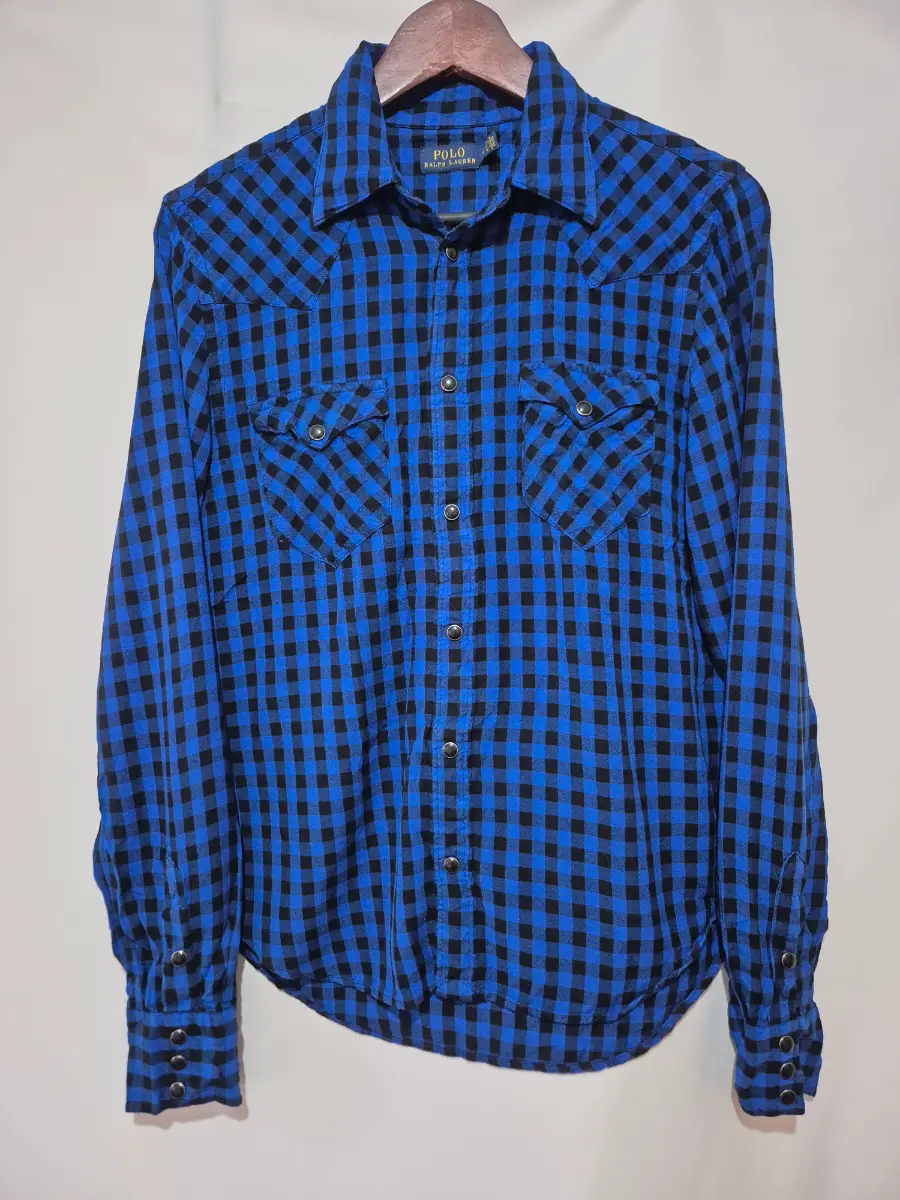 Polo Ralph Lauren Blue Label Western Shirt Size 12 UK Blue Black Check Rare Pearl Snap