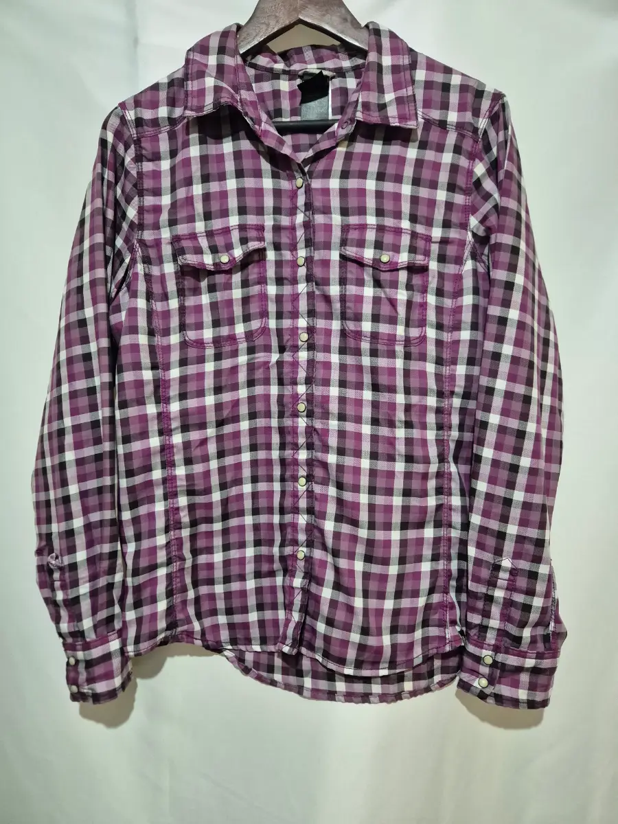 North Face Long Sleeve Checked Shirt size L Large 14 Purple Popper Fastening