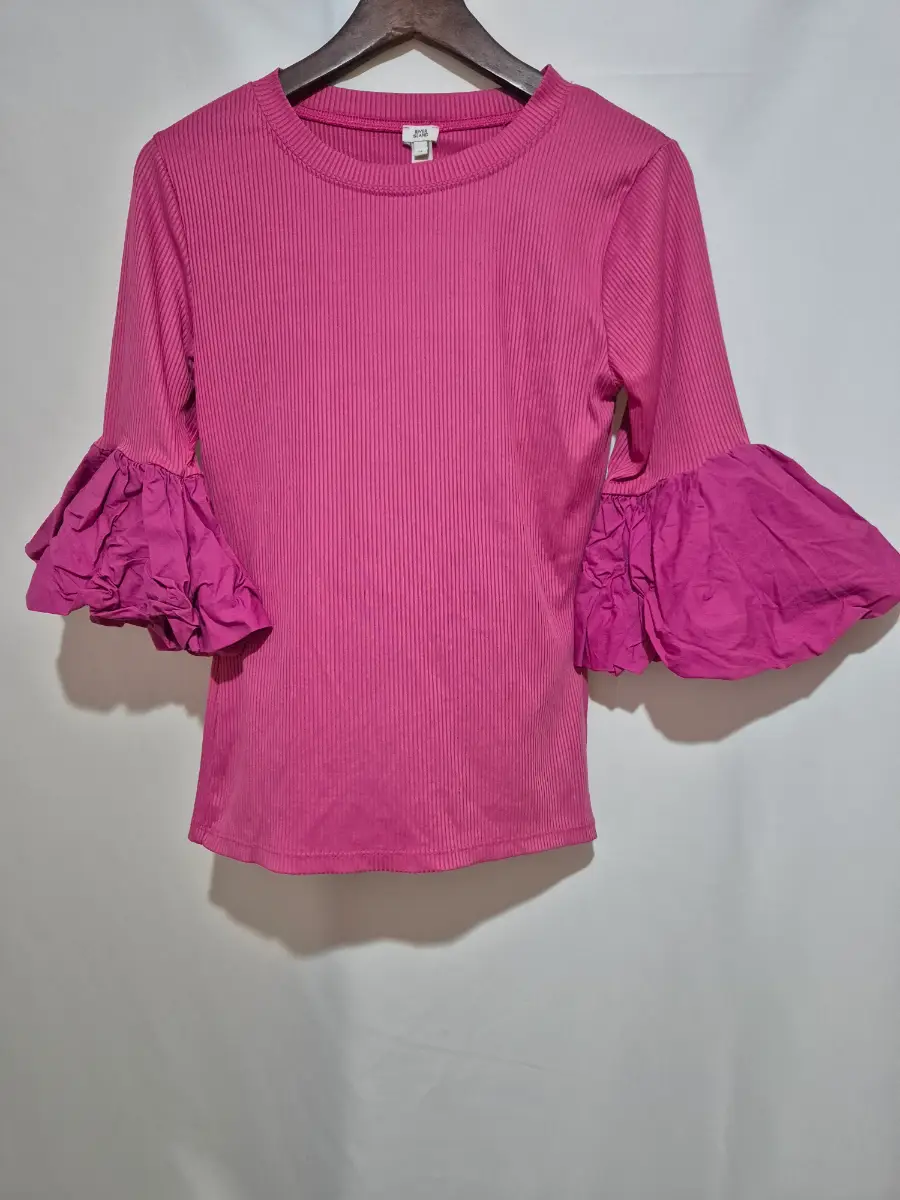 Women's River Island 3/4 Sleeve Ribbed Top size 14 Pink Stretchy Puff Sleeves Smart Casual