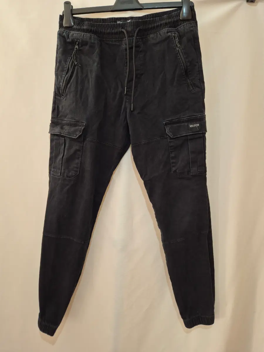 Hollister Black Cargo Pants Mens Size S 32 x 27 Twill Joggers Zipper Pocket Cuffed