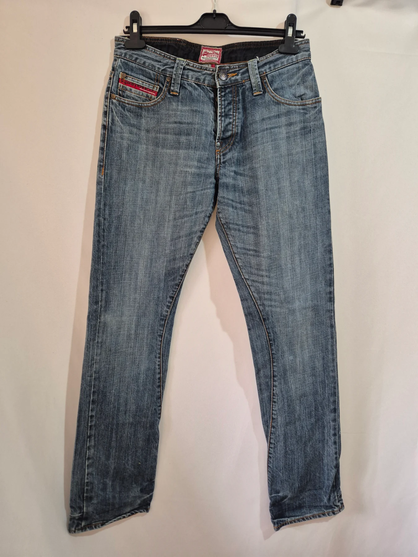 Vintage Superdry Jeans Jpn Mens 30 Blue Denim Buckle Cinch Back Button Fly Straight