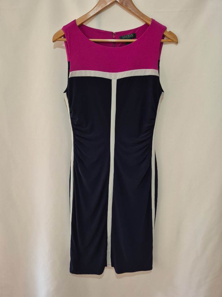 Women's Lauren Ralph Lauren Sleeveless Bodycon Dress size 12 Navy Pink Lined Stretchy