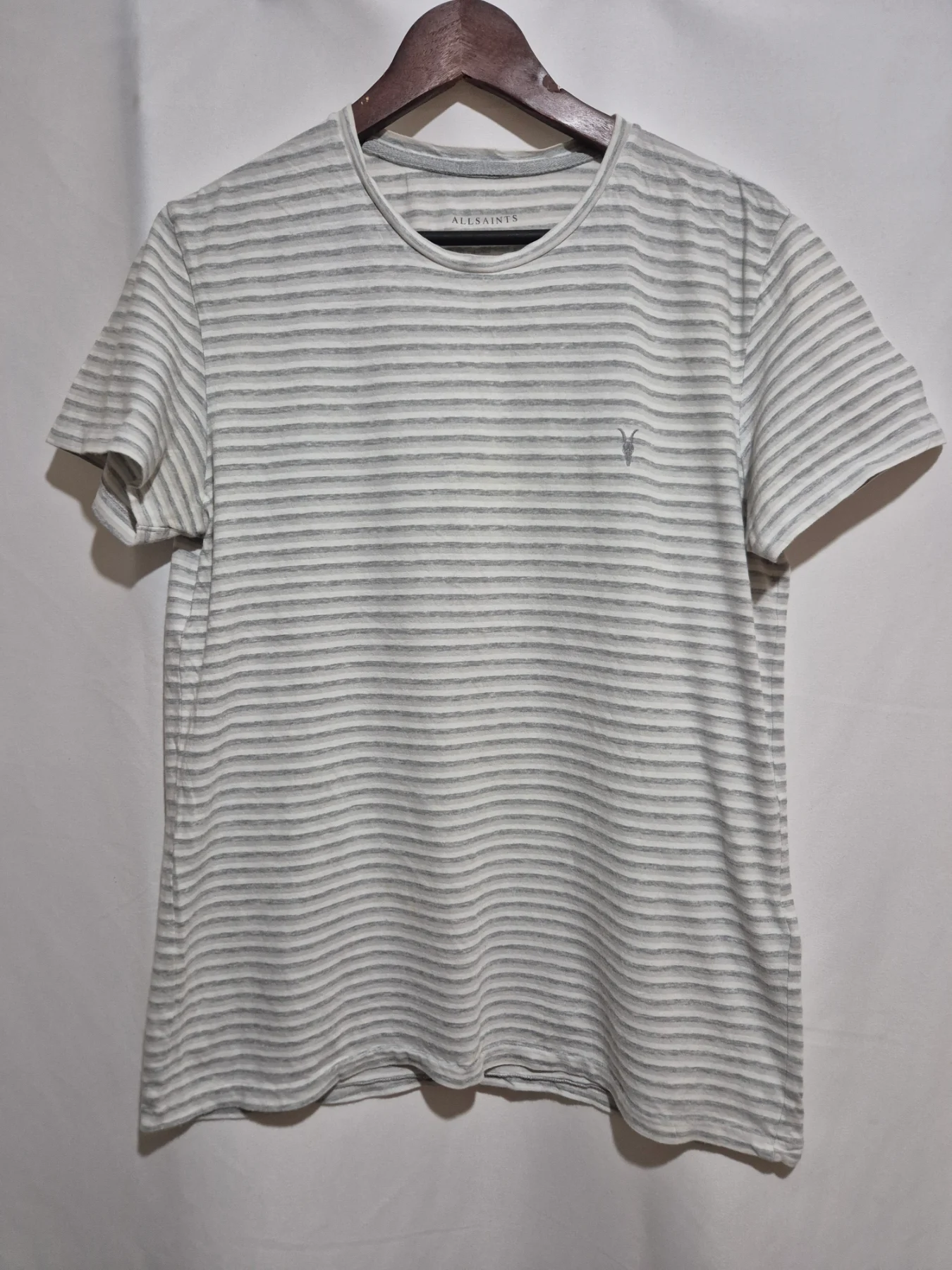 AllSaints Grey Stripe T-Shirt Mens Size M Medium Breton Ramskull Logo Casual Top