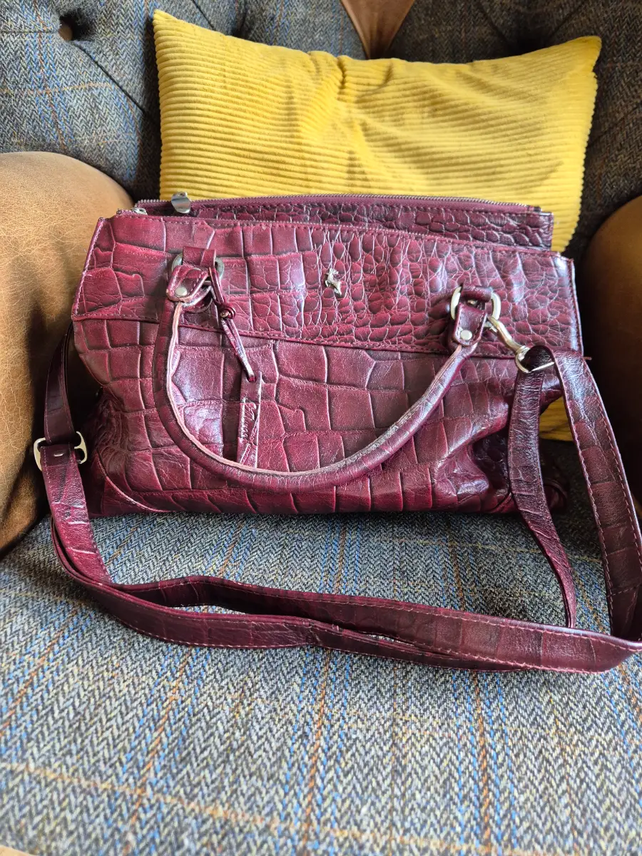 Ashwood Leather Handbag Burgundy Maroon Croc Print Real Leather Multi Pocket Tote Zip