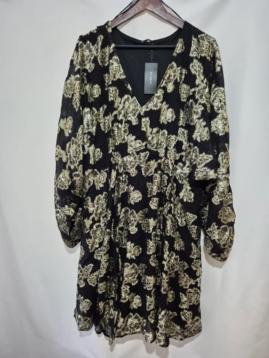 Et Vous Long Sleeve Lined Dress size 22 Black Gold Floral Embroidery Party Wedding